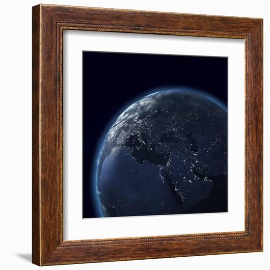 Night Globe With City Lights, Detailed Map Of Asia, Europe, Africa, Arabia-Mike_Kiev-Framed Art Print