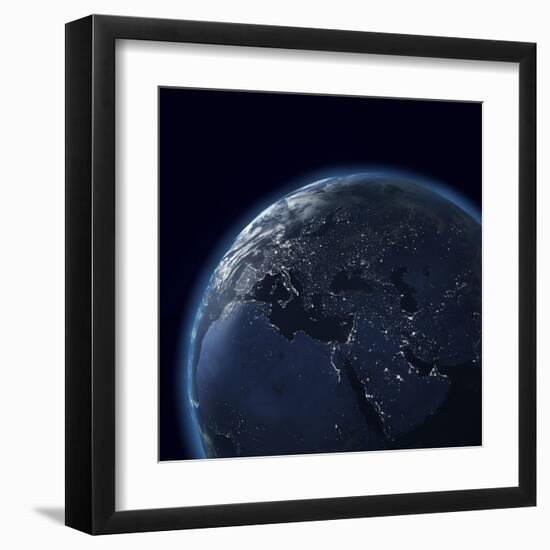 Night Globe With City Lights, Detailed Map Of Asia, Europe, Africa, Arabia-Mike_Kiev-Framed Art Print