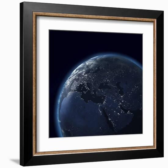 Night Globe With City Lights, Detailed Map Of Asia, Europe, Africa, Arabia-Mike_Kiev-Framed Art Print