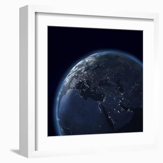 Night Globe With City Lights, Detailed Map Of Asia, Europe, Africa, Arabia-Mike_Kiev-Framed Art Print