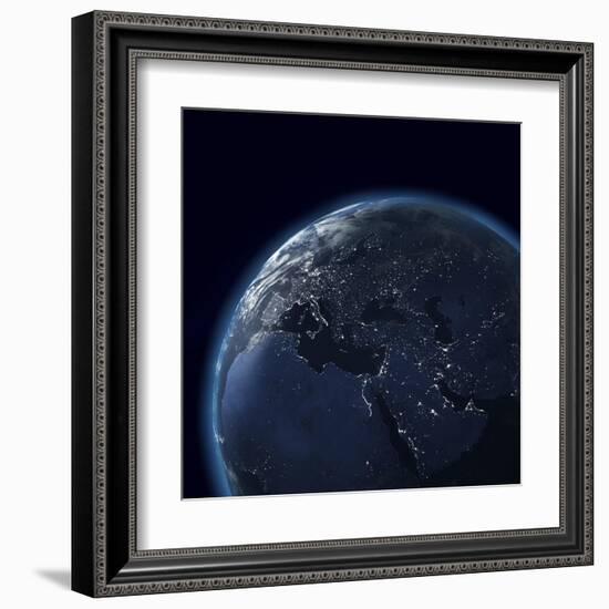 Night Globe With City Lights, Detailed Map Of Asia, Europe, Africa, Arabia-Mike_Kiev-Framed Art Print