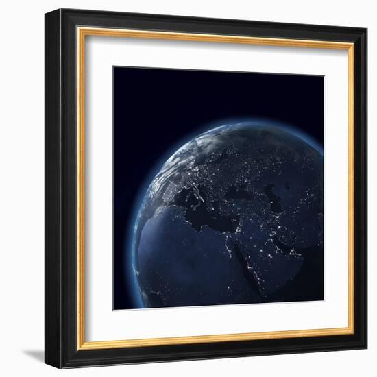 Night Globe With City Lights, Detailed Map Of Asia, Europe, Africa, Arabia-Mike_Kiev-Framed Art Print