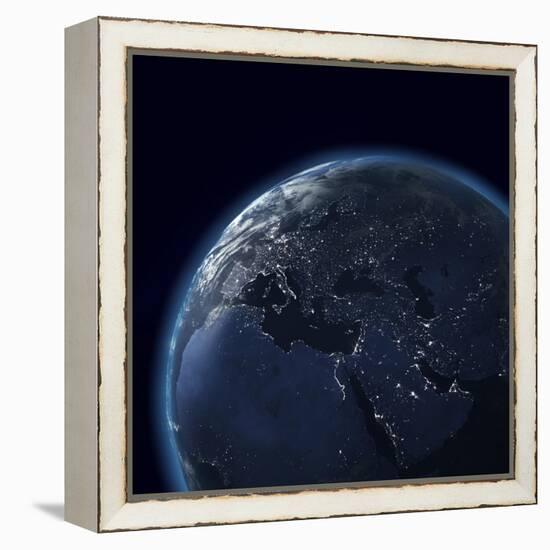 Night Globe With City Lights, Detailed Map Of Asia, Europe, Africa, Arabia-Mike_Kiev-Framed Stretched Canvas