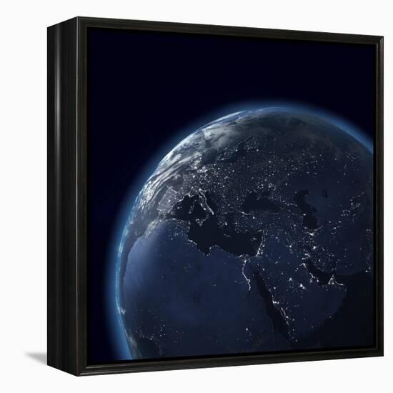 Night Globe With City Lights, Detailed Map Of Asia, Europe, Africa, Arabia-Mike_Kiev-Framed Stretched Canvas