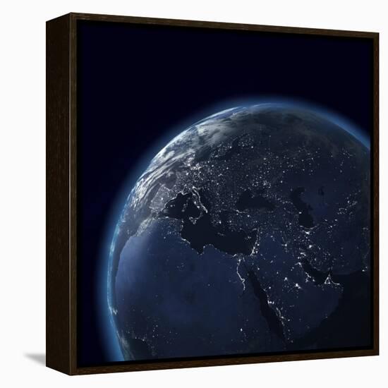 Night Globe With City Lights, Detailed Map Of Asia, Europe, Africa, Arabia-Mike_Kiev-Framed Stretched Canvas