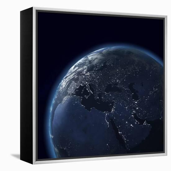 Night Globe With City Lights, Detailed Map Of Asia, Europe, Africa, Arabia-Mike_Kiev-Framed Stretched Canvas