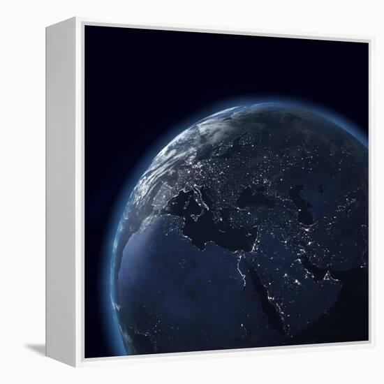 Night Globe With City Lights, Detailed Map Of Asia, Europe, Africa, Arabia-Mike_Kiev-Framed Stretched Canvas