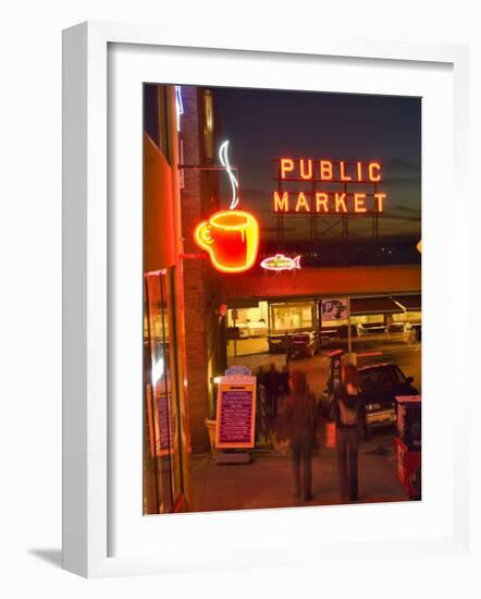 Night lights of Pike Place Market in Seattle, Washington, USA-Janis Miglavs-Framed Photographic Print