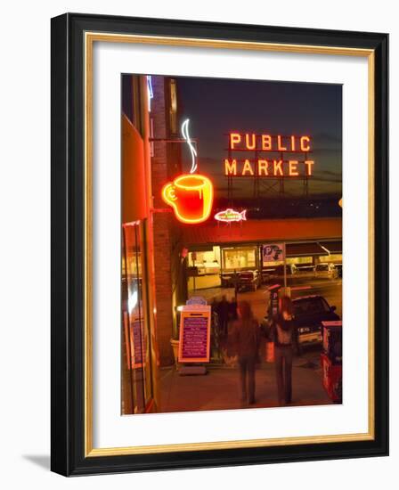 Night lights of Pike Place Market in Seattle, Washington, USA-Janis Miglavs-Framed Photographic Print