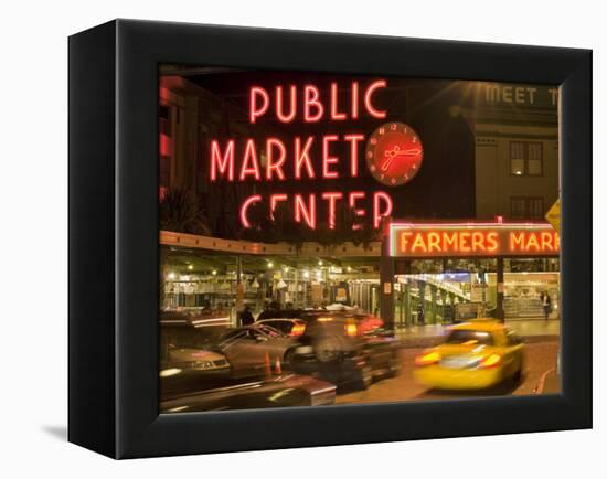 Night lights of Pike Place Market in Seattle, Washington, USA-Janis Miglavs-Framed Premier Image Canvas