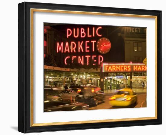 Night lights of Pike Place Market in Seattle, Washington, USA-Janis Miglavs-Framed Photographic Print