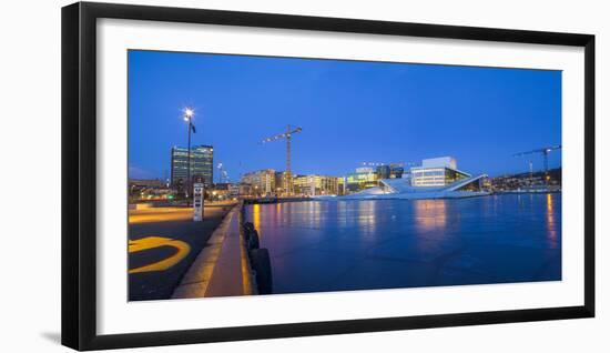 Night panoramic view of the Oslo Opera House, frozen bay and new business quarter, Oslo, Norway, Sc-Mykola Iegorov-Framed Premium Photographic Print