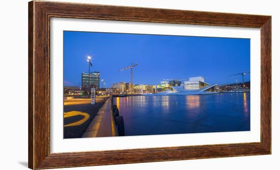 Night panoramic view of the Oslo Opera House, frozen bay and new business quarter, Oslo, Norway, Sc-Mykola Iegorov-Framed Photographic Print