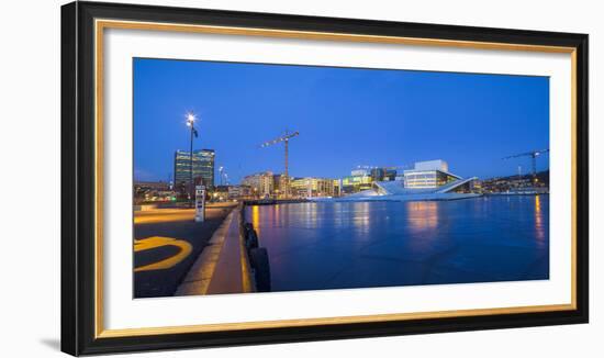 Night panoramic view of the Oslo Opera House, frozen bay and new business quarter, Oslo, Norway, Sc-Mykola Iegorov-Framed Photographic Print