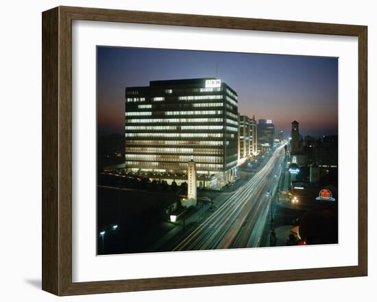 Night Photo of Car Light Trails and Traffic on Wiltshire Boulevard, Los Angeles, Califronia, 1959-Ralph Crane-Framed Photographic Print