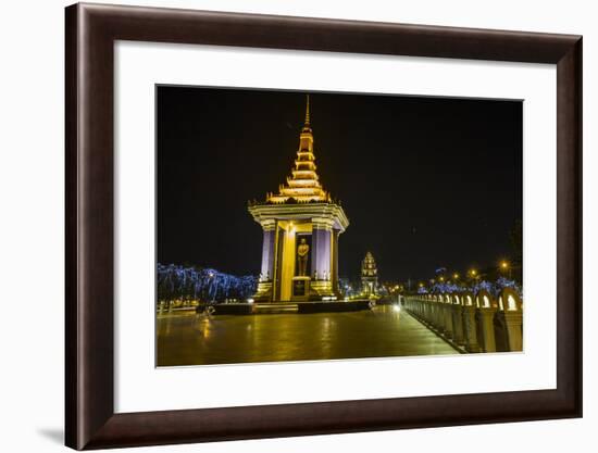 Night Photograph of the Statue of Norodom Sihanouk, Phnom Penh, Cambodia, Indochina-Michael Nolan-Framed Photographic Print