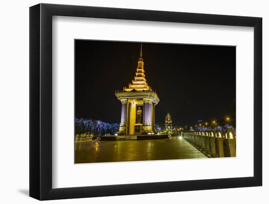 Night Photograph of the Statue of Norodom Sihanouk, Phnom Penh, Cambodia, Indochina-Michael Nolan-Framed Photographic Print