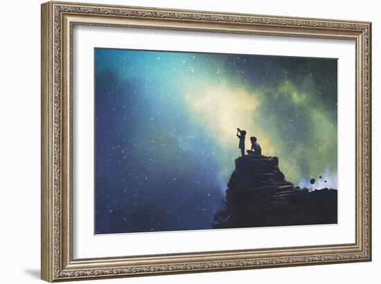 Night Scene of Two Brothers Outdoors, Llittle Boy Looking through a Telescope at Stars in the Sky,-Tithi Luadthong-Framed Art Print