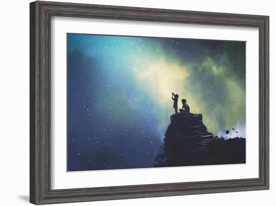 Night Scene of Two Brothers Outdoors, Llittle Boy Looking through a Telescope at Stars in the Sky,-Tithi Luadthong-Framed Art Print