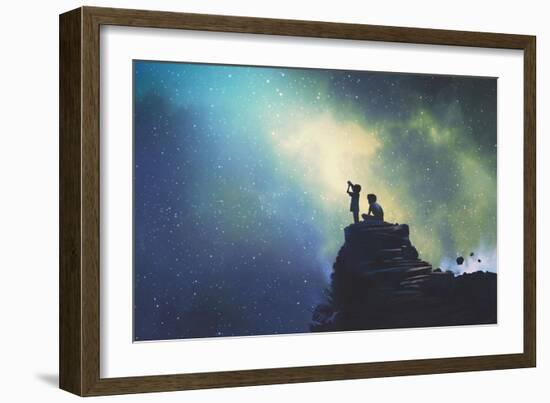 Night Scene of Two Brothers Outdoors, Llittle Boy Looking through a Telescope at Stars in the Sky,-Tithi Luadthong-Framed Art Print