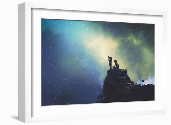 Night Scene of Two Brothers Outdoors, Llittle Boy Looking through a Telescope at Stars in the Sky,-Tithi Luadthong-Framed Art Print