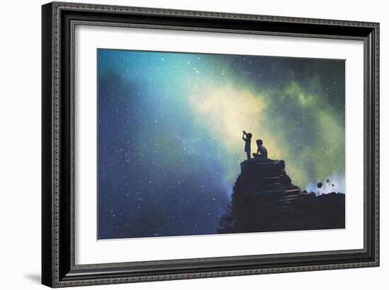 Night Scene of Two Brothers Outdoors, Llittle Boy Looking through a Telescope at Stars in the Sky,-Tithi Luadthong-Framed Art Print