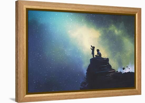 Night Scene of Two Brothers Outdoors, Llittle Boy Looking through a Telescope at Stars in the Sky,-Tithi Luadthong-Framed Stretched Canvas