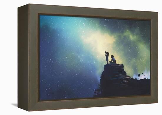 Night Scene of Two Brothers Outdoors, Llittle Boy Looking through a Telescope at Stars in the Sky,-Tithi Luadthong-Framed Stretched Canvas