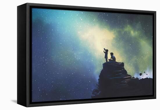 Night Scene of Two Brothers Outdoors, Llittle Boy Looking through a Telescope at Stars in the Sky,-Tithi Luadthong-Framed Stretched Canvas