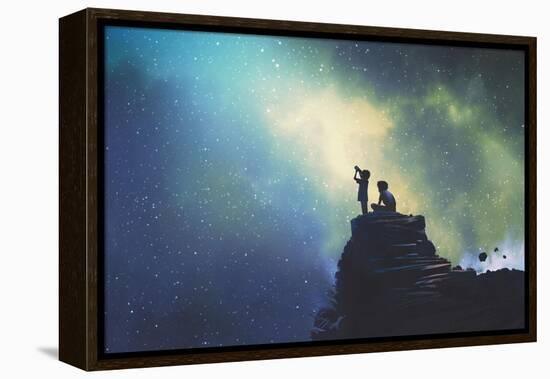 Night Scene of Two Brothers Outdoors, Llittle Boy Looking through a Telescope at Stars in the Sky,-Tithi Luadthong-Framed Stretched Canvas