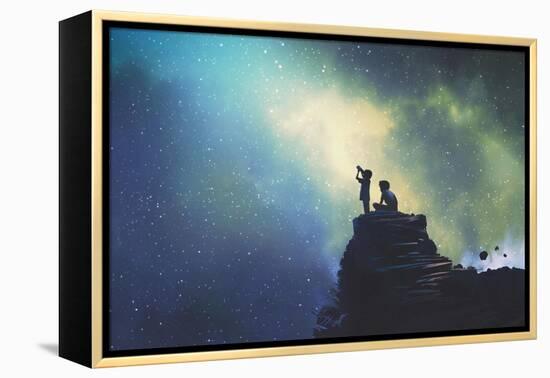 Night Scene of Two Brothers Outdoors, Llittle Boy Looking through a Telescope at Stars in the Sky,-Tithi Luadthong-Framed Stretched Canvas