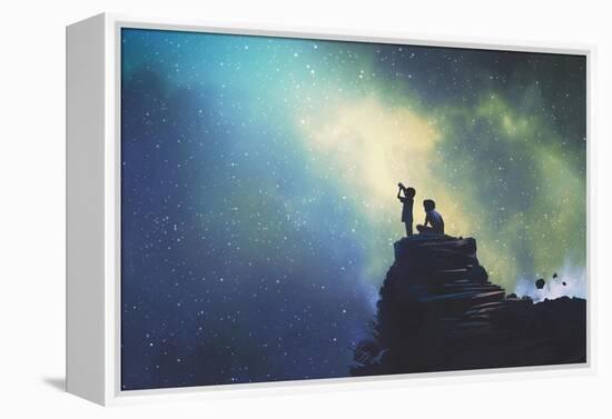 Night Scene of Two Brothers Outdoors, Llittle Boy Looking through a Telescope at Stars in the Sky,-Tithi Luadthong-Framed Stretched Canvas