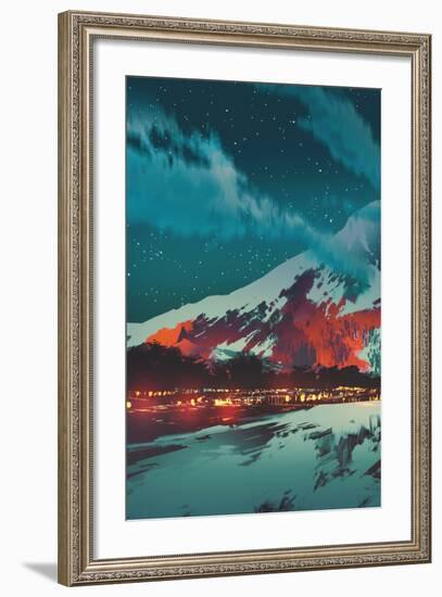 Night Scene of Village in Mountain,Landscape Illustration Painting-Tithi Luadthong-Framed Art Print