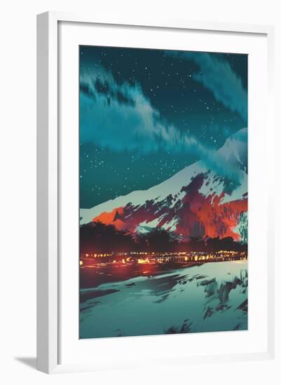 Night Scene of Village in Mountain,Landscape Illustration Painting-Tithi Luadthong-Framed Art Print