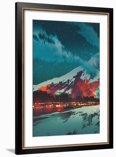 Night Scene of Village in Mountain,Landscape Illustration Painting-Tithi Luadthong-Framed Art Print