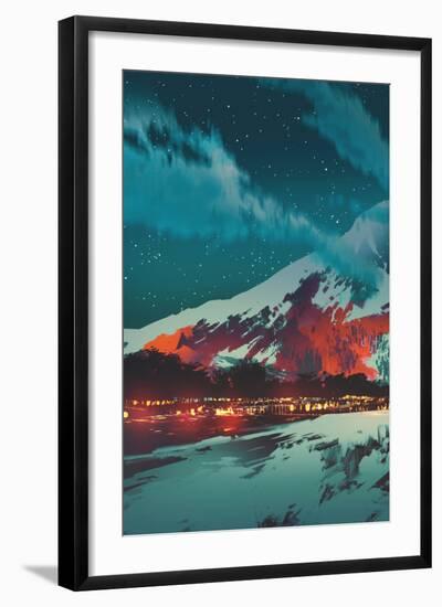 Night Scene of Village in Mountain,Landscape Illustration Painting-Tithi Luadthong-Framed Art Print