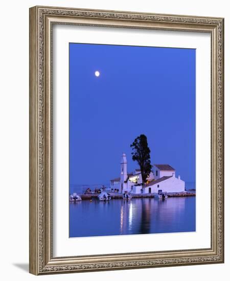 Night Scene of Vlacherna Monastery with Moon, Kanoni, Corfu, Greece-Ivan Vdovin-Framed Photographic Print