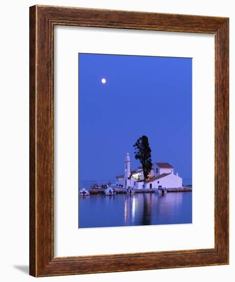 Night Scene of Vlacherna Monastery with Moon, Kanoni, Corfu, Greece-Ivan Vdovin-Framed Photographic Print