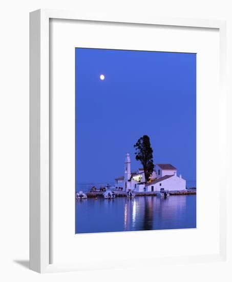 Night Scene of Vlacherna Monastery with Moon, Kanoni, Corfu, Greece-Ivan Vdovin-Framed Photographic Print