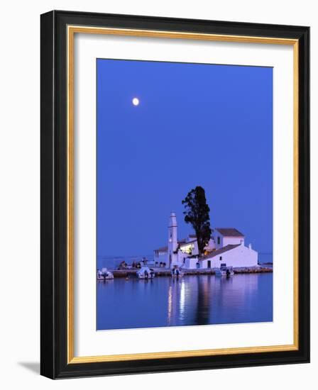 Night Scene of Vlacherna Monastery with Moon, Kanoni, Corfu, Greece-Ivan Vdovin-Framed Photographic Print