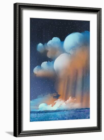Night Scenery of Big Cumulonimbus Clouds over Field,Landscape,Illustration Painting-Tithi Luadthong-Framed Art Print