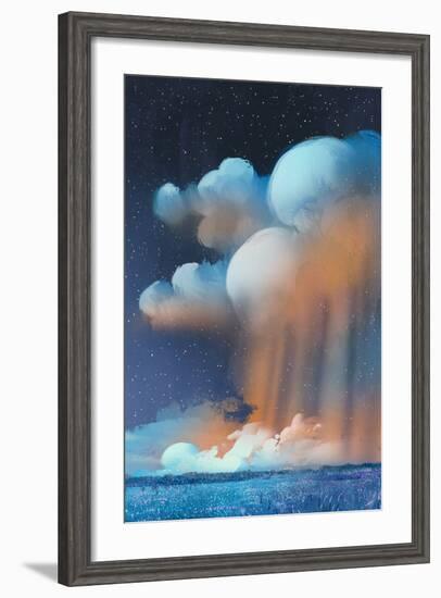 Night Scenery of Big Cumulonimbus Clouds over Field,Landscape,Illustration Painting-Tithi Luadthong-Framed Art Print