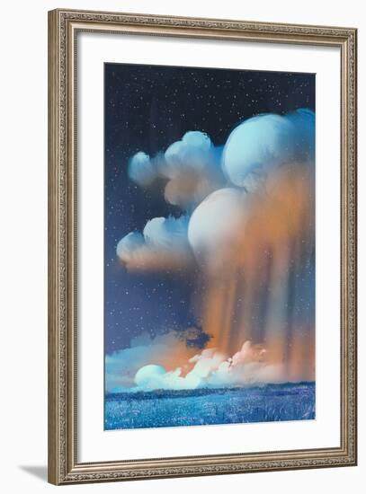 Night Scenery of Big Cumulonimbus Clouds over Field,Landscape,Illustration Painting-Tithi Luadthong-Framed Art Print