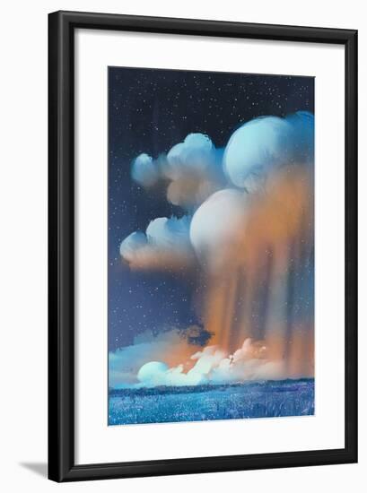 Night Scenery of Big Cumulonimbus Clouds over Field,Landscape,Illustration Painting-Tithi Luadthong-Framed Art Print
