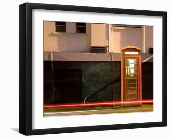 Night Shot of Uk Phonebox with Light Trails from Passing Car-Clive Nolan-Framed Photographic Print