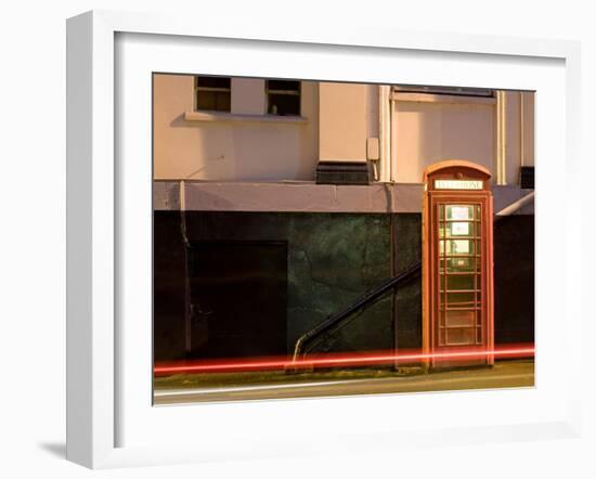 Night Shot of Uk Phonebox with Light Trails from Passing Car-Clive Nolan-Framed Photographic Print