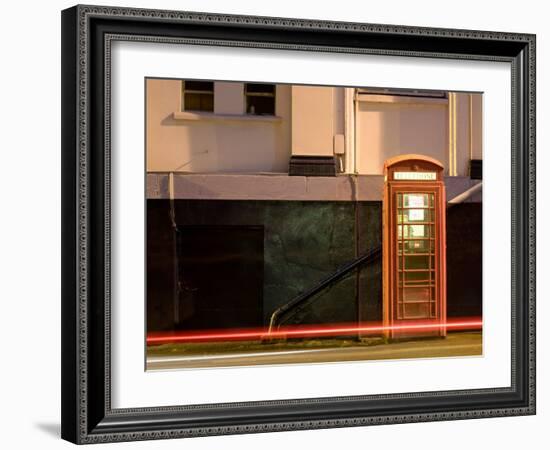 Night Shot of Uk Phonebox with Light Trails from Passing Car-Clive Nolan-Framed Photographic Print