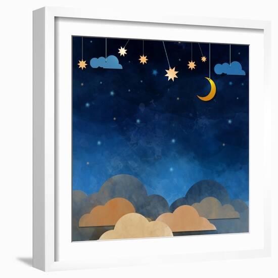 Night Sky,Cloud, Moon and Star - Paper Cut .Water Color on Grunge Paper Texture Background-pluie_r-Framed Art Print