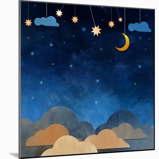 Night Sky,Cloud, Moon and Star - Paper Cut .Water Color on Grunge Paper Texture Background-pluie_r-Mounted Art Print