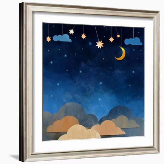 Night Sky,Cloud, Moon and Star - Paper Cut .Water Color on Grunge Paper Texture Background-pluie_r-Framed Art Print